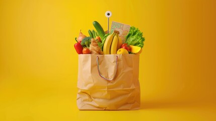 A paper bag filled with groceries against a bright yellow background