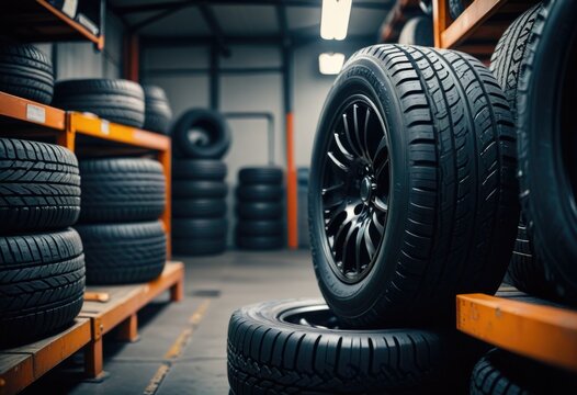 New car tires in a well-equipped garage: black, gripping, ready for expert installation and driving