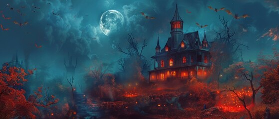Obraz premium Haunted house at Halloween with moon and bats at night as scary background
