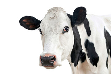 Cute white cow head isolated on transparent background. PNG on transparent background. White cow with black spots. Dairy livestock, farming and agriculture concept. 