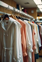 Fototapeta premium Store hangers showcasing a variety of clothing: shirts, hoodies, colorful garments in a fashion-forward display