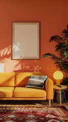 Retro, vintage interior design living room, dining room with an empty mockup poster on the wall