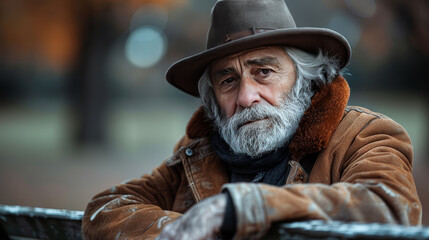 Obraz premium Sad Old Man in Black Clothes in Cemetery