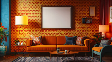 Fototapeta premium Retro, vintage interior design living room, dining room with an empty mockup poster on the wall