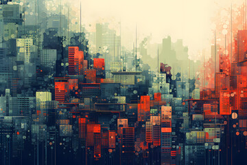 illustrated pixel style city scape, pixel drawn city style, retro city pixel style