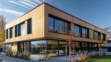 Obraz premium sustainable architecture firm with a facade made from cross-laminated timber panels, showcasing modern building techniques