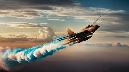 A military jet breaking beyond the sound barrier against a foggy, blue sky