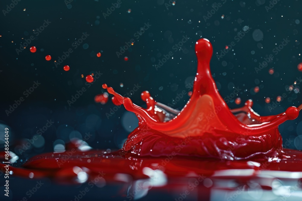 Poster a close-up shot of a red liquid splashing on top of a black surface, suitable for use in science and