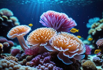 Obraz premium A vibrant coral reef teeming with colorful anemones, diverse tropical fish swimming among corals, set in a bright undersea world with clear blue water