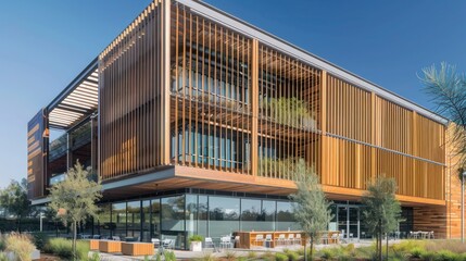 Obraz premium sustainable office building with exterior vertical wood louvers for sun control
