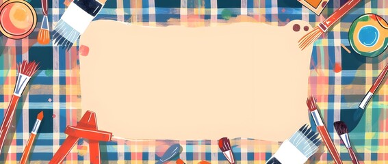 Fototapeta premium Vibrant Plaid and Doodle Border Design with Blank Space for Text