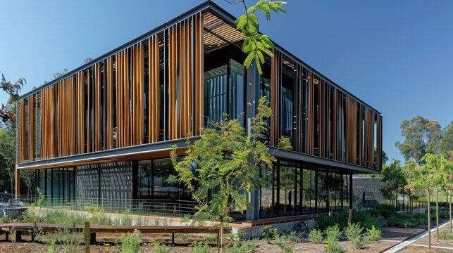 sustainable office building with exterior vertical wood louvers for sun control