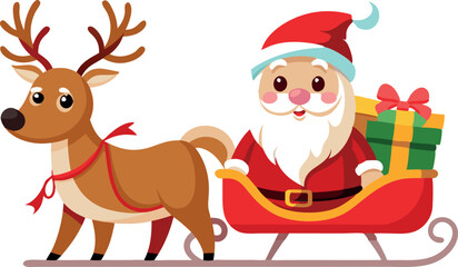 Cute cartoon Santa Claus in sleigh with reindeer and Christmas presents