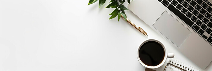 Top view flat lay photo banner mockup of office working desk with laptop computer note book and pens with space for text editing in white background 