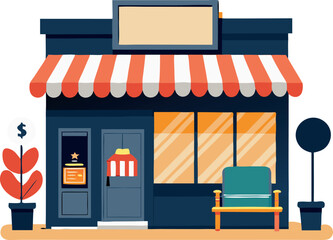 Obraz premium Illustration of a small storefront with a red and white striped awning, large window, and outdoor bench
