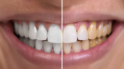 Close-up image of a persons smile before and after teeth whitening treatment. The image shows a noticeable difference in the whiteness of the teeth.