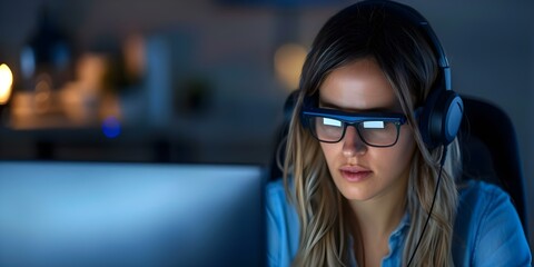 Blind woman reading computer screen with braille reader for accessibility. Concept Accessibility Technology, Visually Impaired, Braille Reader, Inclusivity, Adaptive Devices
