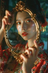 Fototapeta premium A Japanese woman wearing a traditional kimono looks at her own reflection in a mirror
