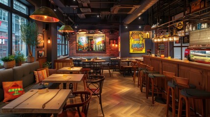 trendy urban bistro with chic wooden furniture and a vibrant, welcoming atmosphere