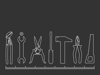 Professional handyman services. Vector banner template with seven tools and text space.  Set of repair tools on gray background for your web site design, app, UI. EPS10.