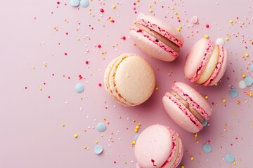 Pastel macaron on light pink background or dessert cake macaron, Top view, photography