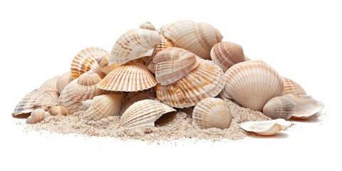 A collection of seashells resting on a pile of sand, great for beach-themed designs and illustrations