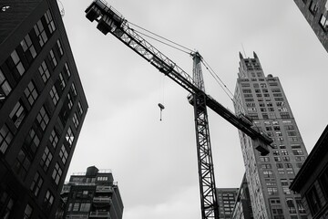Fototapeta premium A towering construction crane, silhouetted against the backdrop of a bustling city skyline at dusk, symbolizing urban development and progress in a modern metropolis
