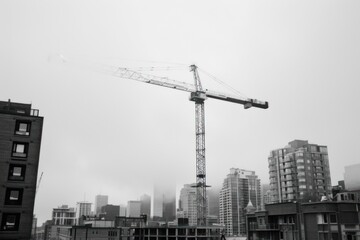 A towering construction crane, silhouetted against the backdrop of a bustling city skyline at dusk, symbolizing urban development and progress in a modern metropolis