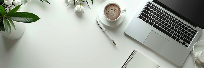 Top view flat lay photo banner mockup of office working desk with laptop computer note book and pens with space for text editing in white background 