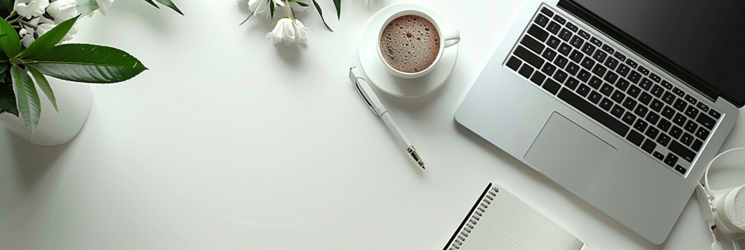 Top view flat lay photo banner mockup of office working desk with laptop computer note book and pens with space for text editing in white background