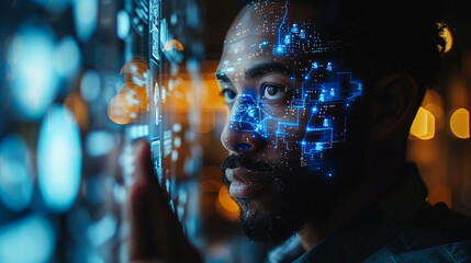 Businessman Engaging with Virtual Assistant Avatar and Cybersecurity Metrics