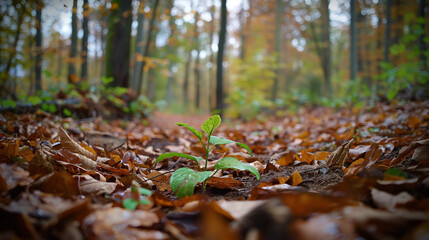 Forest Floor Covered in Autumn Leaves with Emerging Green Shoot