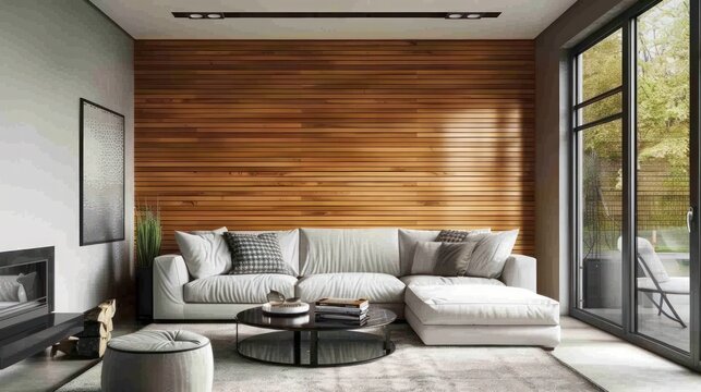 Contemporary living room with a feature wall of horizontally striped fir wood cladding