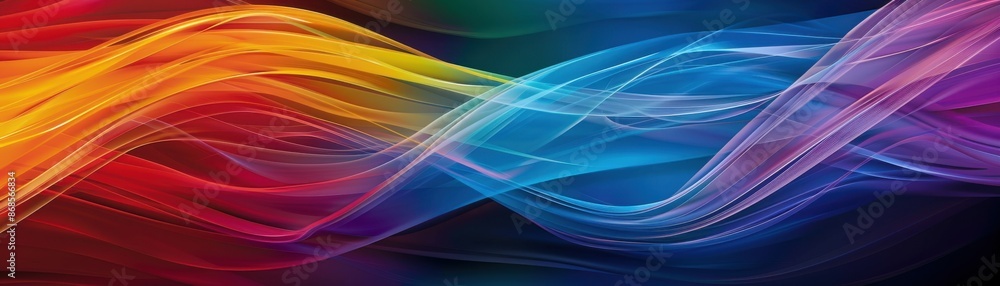 Poster vibrant abstract digital art showcasing multicolored waves flowing across a dark background, creatin