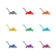  Lawn Mower icon isolated on white background. Set icons colorful