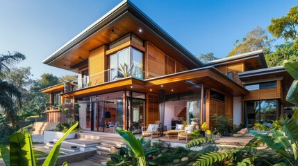 Fototapeta premium Eco-friendly home featuring sustainable bamboo cladding, demonstrating modern environmental consciousness