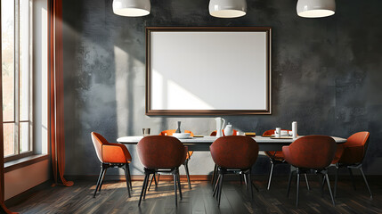 Retro, vintage interior design living room, dining room with an empty mockup poster on the wall