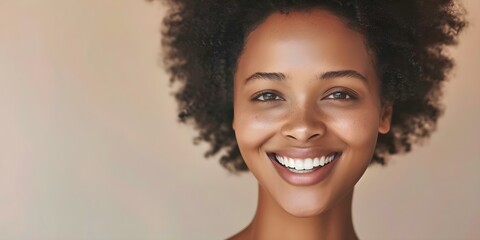 Woman smiling in skincare advertisement showcasing radiant skin and copy space. Concept Skincare, Radiant Skin, Advertisement, Woman Smiling, Copy Space
