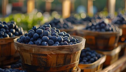 Fresh blueberries in wooden baskets at farm warehouse with farm to table concept