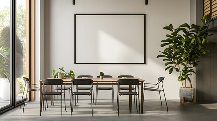 Retro, vintage interior design living room, dining room with an empty mockup poster on the wall