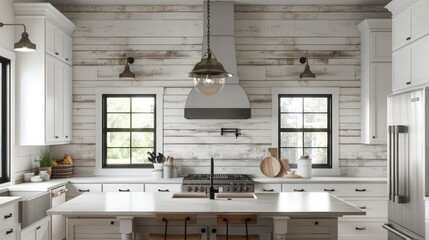 Modern farmhouse kitchen with walls clad in whitewashed wood panels, creating a bright and airy feel