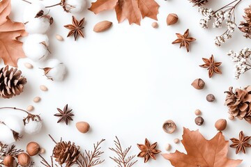 Autumn Composition with Leaves, Cotton, and Pine Cones - Fall Season Background