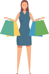 Young woman is showing off her colorful shopping bags with a smile, happy with her new purchases