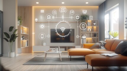 Smart home concept, log style decoration of the living room background