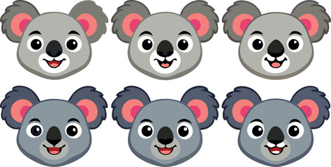 Obraz premium A collection of six adorable cartoon koala faces, each showing different expressions and designed in a fun and playful style.