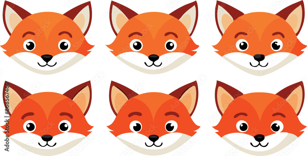 Sticker illustration featuring six cute fox faces with various expressions, drawn in a bright and cheerful c