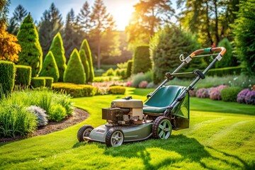 A powerful industrial lawn mower with rugged tires and adjustable cutting height attachment efficiently trims lush green grass in a well-manicured professional garden landscape.