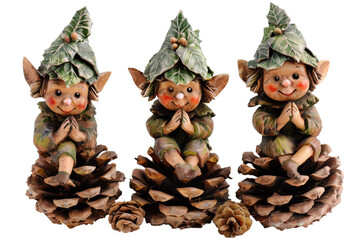 Decoration of three elves sitting on pine cones. Transparent background