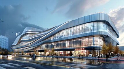 Obraz premium Modern and sleek mall facade design with a mix of glass and solid masses with curves, elongated spread, contemporary style
