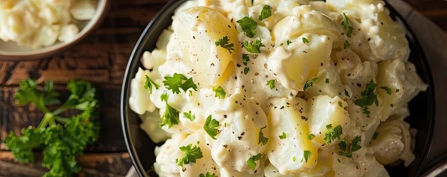 Delicious homemade potato salad with creamy dressing and fresh parsley, served in a black bowl on rustic wooden table.